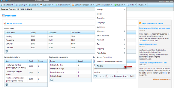 3. Go to the Admin panel of your NopCommerce web site and select Configuration -> Plugins: