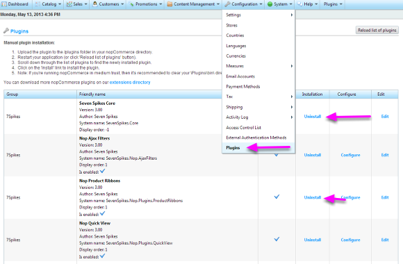 2. Go to the Admin panel of your nopCommerce web site and select Configuration -> Plugins: