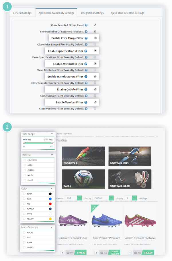 Ajax Filters plugin Features -  filter by price, manufacturer, vendors, specifications, and attributes