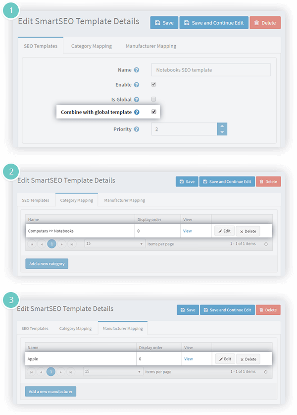 Smart SEO Plugin Features - map a template to a category or manufacturer