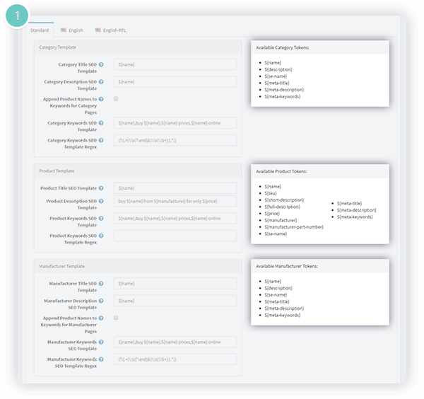 Smart SEO Plugin Features - category, product, and manufacturer tokens