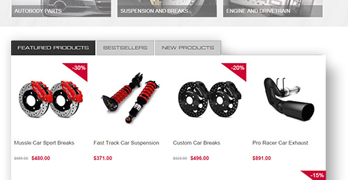 Traction Theme Features - Home Page Tabs for featured, bestsellers, new products