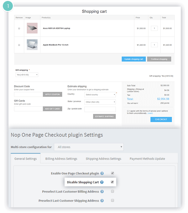One Page Checkout Plugin Features - disable shopping cart to speed up checkout