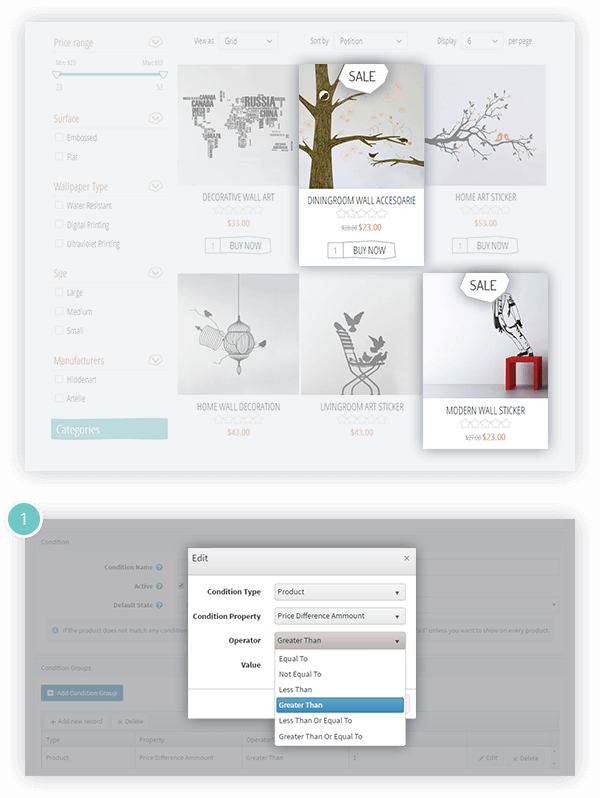 Product Ribbons Plugin Features - add a ribbon to a product manually or based on condition