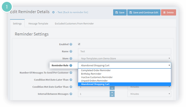 Customer Reminders Plugin Features - choose a predefined rule or add a reminder rule from code