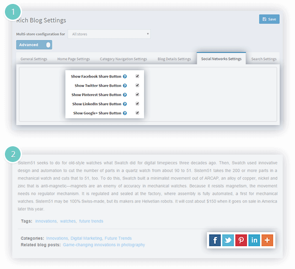 Rich Blog Plugin Features - display social sharing buttons for a blog post