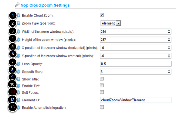 Working with the Nop Cloud Zoom is as easy as configuring a few settings from the administration of the plugin. When the plugin is installed it comes preconfigured with default values for the settings