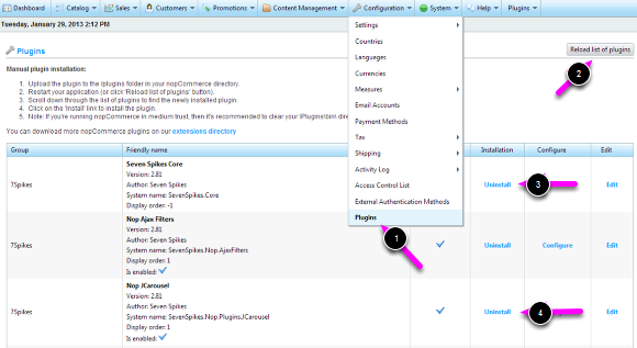 2. Go to the Admin panel of your nopCommerce web site and select Configuration -> Plugins: